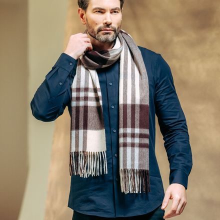 Joshua Ellis Black Watch Ripple Cashmere Scarf — Frothy x Grey x Rust