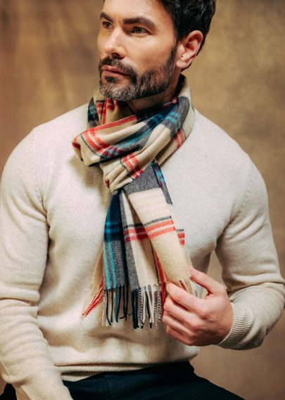 Joshua Ellis Classic Plaid Ripple Cashmere Scarf — Beige x Navy Blue x Red