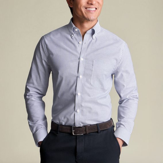 Charles Tyrwhitt Non-Iron Stretch Oxford Button-Down Shirt — Mid blue stripe