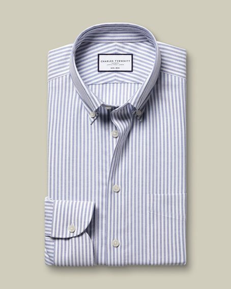 Charles Tyrwhitt Non-Iron Stretch Oxford Button-Down Shirt — Mid blue stripe