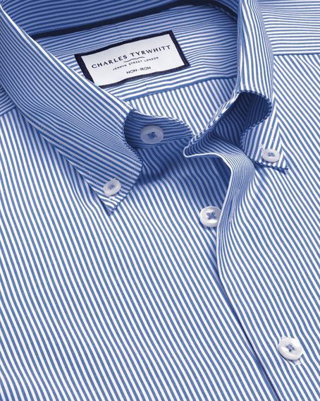 Charles Tyrwhitt Button-Down Non-Iron Stretch Oxford Stripe Shirt — Cobalt Blue