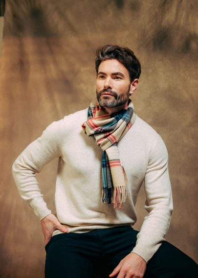 Joshua Ellis Classic Plaid Ripple Cashmere Scarf — Beige x Navy Blue x Red