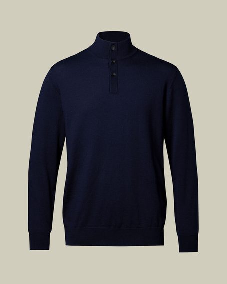 Charles Tyrwhitt Pure Merino Button Neck Jumper — Navy