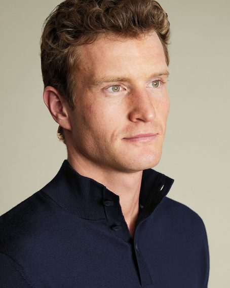 Charles Tyrwhitt Pure Merino Button Neck Jumper — Navy