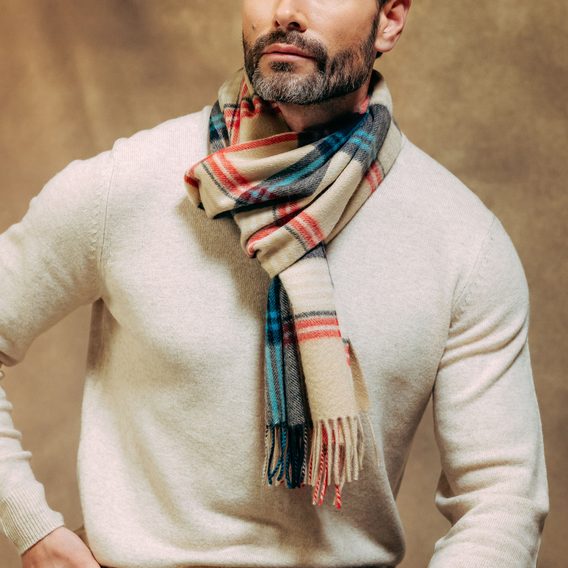 Joshua Ellis Classic Plaid Ripple Cashmere Scarf — Beige x Navy Blue x Red