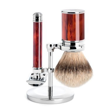 Mühle Traditional Faux Tortoise Shell Shaving Set - Closed-Comb Safety Razor, Silvertip Shaving Brush, Stand