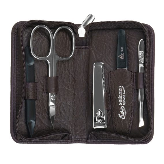 Erbe Solingen Five-Piece Manicure Set in Brown Leather Zip Pouch