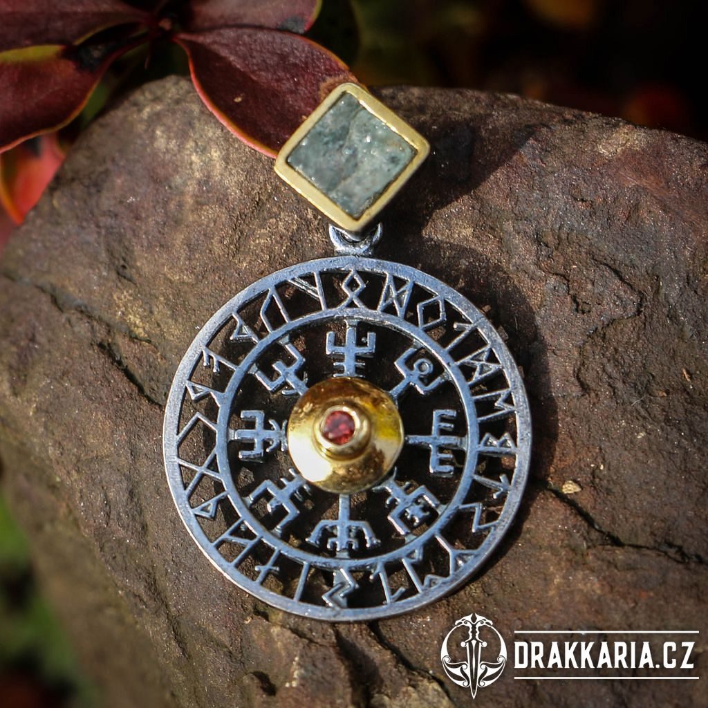 VEGVISIR - kompas, islandská runa, přívěšek, stříbro 925, akvamarin -  drakkaria.cz