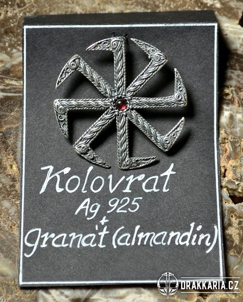 KOLOVRAT - GRANÁT, slovanský symbol Slunce, přívěšek, stříbro 925 ...