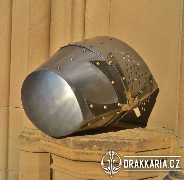 Křižácká kbelcová přilba s křížem - drakkaria.cz