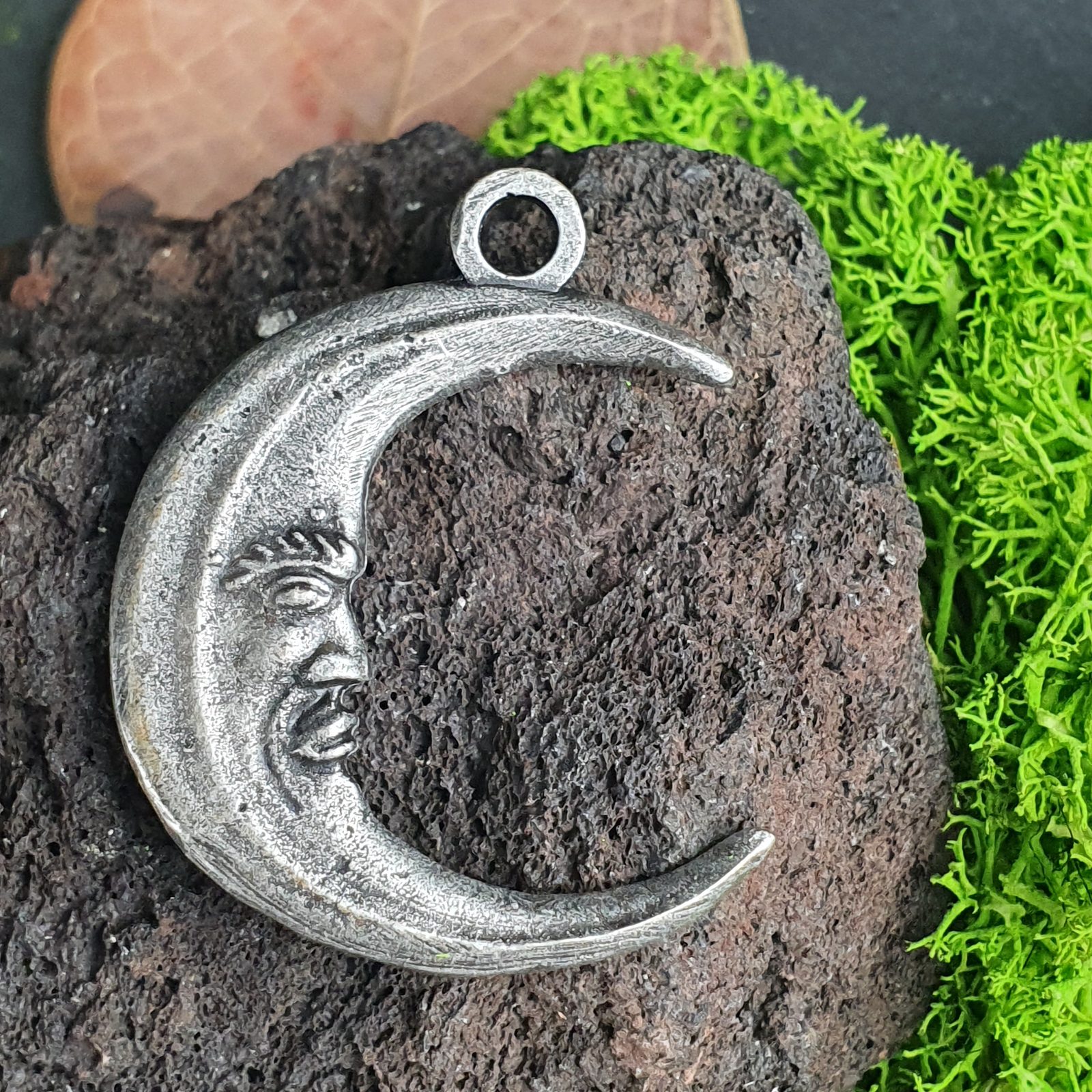 CRESCENT MOON with face, amulet, zinc Wulflund