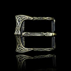 Brass belt buckle with a Viking axe design