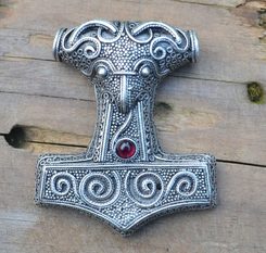 THOROVO KLADIVO - MJÖLNIR, POSTŘÍBŘENÝ AMULET, GRANÁT - VIKINGSKÉ AMULETY - ŠPERKY
