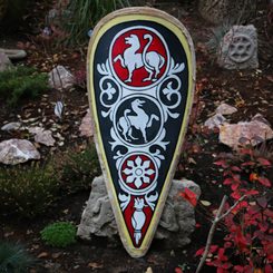 KULATÝ VIKINSKÝ ŠTÍT, PŘEKLIŽKA, LEN, SUROVÁ KŮŽE 70CM - VIKINSKÉ ŠTÍTY - ZBROJE