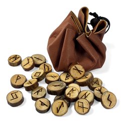 FUTHARK, DŘEVĚNÉ RUNY V KOŽENÉM VÁČKU - RUNY - HOME DECOR