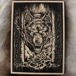 FENRIR - Vlk zbavený řetězů nástěnná dekorace, dřevo 32x46cm