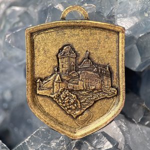 HRAD KARLŠTEJN, STŘEDOVĚKÝ ERB VE ŠTÍTU, ZINEK, STAROMOSAZ - STŘEDOVĚKÉ AMULETY - ŠPERKY