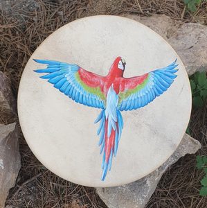 ŠAMANSKÝ BUBEN - PAPOUŠEK ARA 40CM - BUBNY - TÁBOŘENÍ A ŘEMESLA