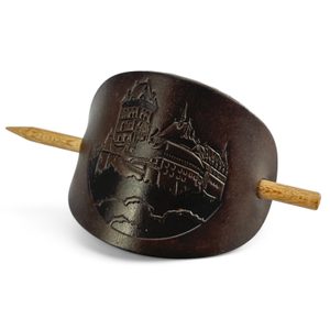 KARLŠTEJN, KOŽENÁ SPONA DO VLASŮ, HNĚDÁ - KOŽENÉ ŠPERKY - SEDLÁŘSTVÍ
