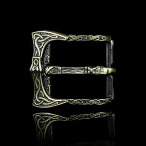 Brass belt buckle with a Viking axe design
