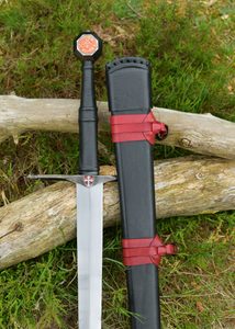 JEDENAPŮLRUČNÍ MEČ TEMPLÁŘSKÝ S KOŽENOU POCHVOU - STŘEDOVĚKÉ MEČE - ZBRANĚ