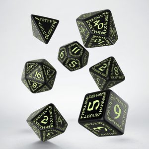 RUNIC BLACK AND GLOW-IN-THE-DARK DICE SET, SADA RPG HRACÍCH KOSTEK - HRACÍ KOSTKY A KALÍŠKY - HRY A KNIHY