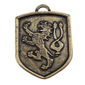 ČESKÝ LEV, STŘEDOVĚKÝ ERB VE ŠTÍTU, ZINEK, STAROMOSAZ - STŘEDOVĚKÉ AMULETY - ŠPERKY