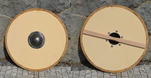 KULATÝ VIKINSKÝ ŠTÍT, PŘEKLIŽKA, LEN, SUROVÁ KŮŽE 70CM - VIKINSKÉ ŠTÍTY - ZBROJE