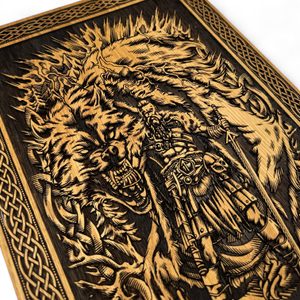 FENRIR A TÝR, NÁSTĚNNÁ DEKORACE, DŘEVO 32X46CM - DŘEVĚNÉ OBRAZY - HOME DECOR