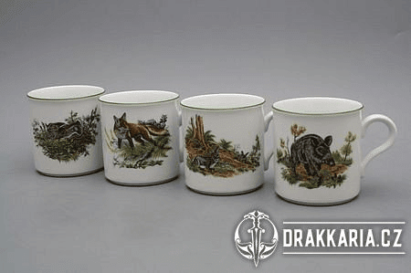 DIVOKÁ ZVĚŘ, HRNKY, KARLOVARSKÝ PORCELÁN - SADA 4 X