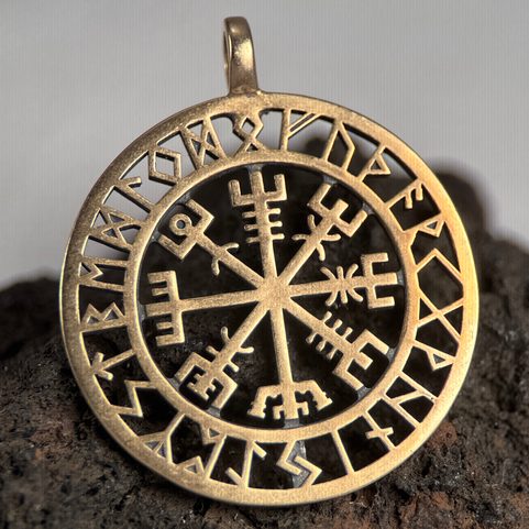VEGVÍSIR - KOMPAS, ISLANDSKÁ RUNA, PŘÍVĚŠEK, BRONZ, VELKÝ