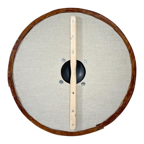 KULATÝ VIKINSKÝ ŠTÍT, PŘEKLIŽKA, LEN, SUROVÁ KŮŽE 70CM