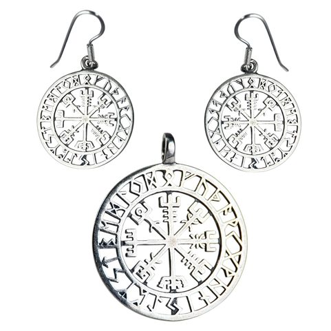 VEGVÍSIR - ISLANDSKÝ KOMPAS, STŘÍBRNÉ NÁUŠNICE A STŘÍBRNÝ PŘÍVĚSEK, AG 925