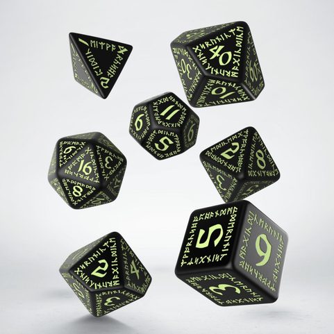 RUNIC BLACK AND GLOW-IN-THE-DARK DICE SET, SADA RPG HRACÍCH KOSTEK