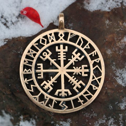VEGVÍSIR - KOMPAS, ISLANDSKÁ RUNA, PŘÍVĚŠEK, BRONZ, VELKÝ