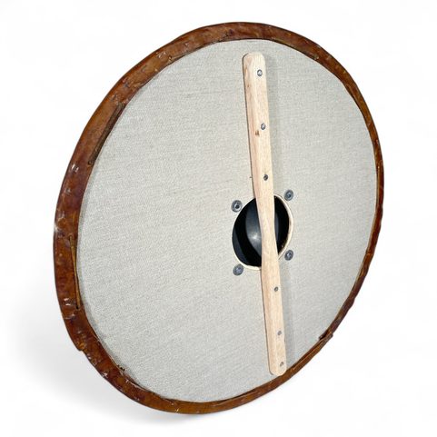 KULATÝ VIKINSKÝ ŠTÍT, PŘEKLIŽKA, LEN, SUROVÁ KŮŽE 70CM