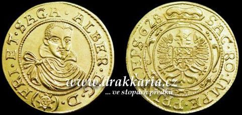 ČECHY, ALBRECHT Z VALDŠTEJNA, DUKÁT 1628 MOSAZNÁ REPLIKA MINCE