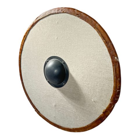 KULATÝ VIKINSKÝ ŠTÍT, PŘEKLIŽKA, LEN, SUROVÁ KŮŽE 70CM
