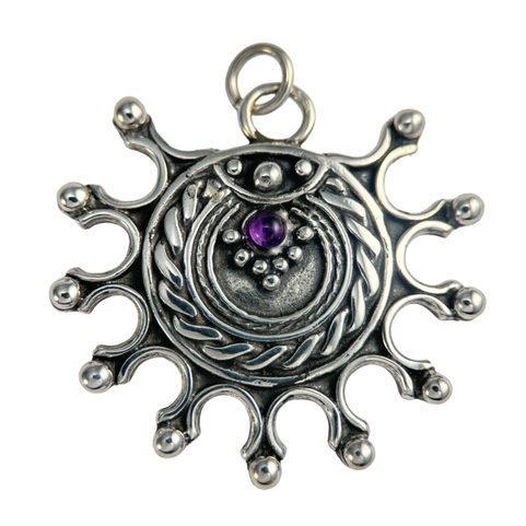 DEVANA, SLOVANSKÝ SLUNEČNÍ STŘÍBRNÝ PŘÍVĚSEK S AMETYSTEM, AG 925, 17 G
