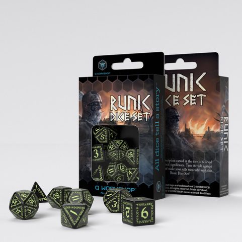RUNIC BLACK AND GLOW-IN-THE-DARK DICE SET, SADA RPG HRACÍCH KOSTEK