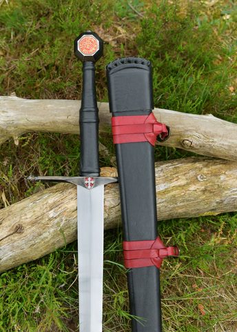 JEDENAPŮLRUČNÍ MEČ TEMPLÁŘSKÝ S KOŽENOU POCHVOU