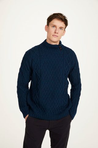 SVETR S LÍMCEM NA KNOFLÍKY, MERINO VLNA, MODRÝ