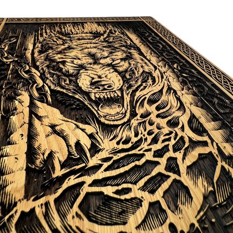 FENRIR - VLK ZBAVENÝ ŘETĚZŮ NÁSTĚNNÁ DEKORACE, DŘEVO 32X46CM