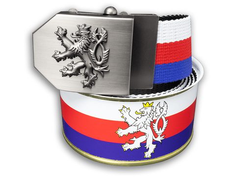 TEXTILNÍ OPASEK ČESKÝ LEV - TRIKOLORA + DÁRKOVÉ BALENÍ
