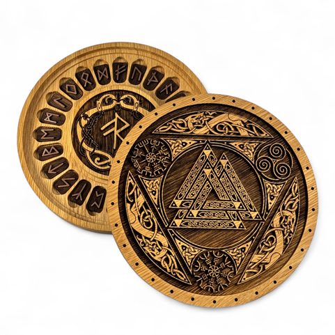 VALKNUT S ORNAMENTY, SADA RUN FUTHARK A DÁRKOVÁ KAZETA 21 CM