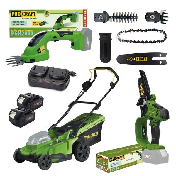 PROCRAFT ZAHRADNÍ AKU SADA NÁŘADÍ 20V 5DÍLŮ 2 X BATERIE 4.0AH S NABÍJEČKOU | GARDENSET PROCRAFT - AKUMULÁTOROVÉ SEKAČKY{% if zbozi.kategorie.adresa_nazvy[0] != zbozi.kategorie.nazev %} - SEKAČKY{% endif %}