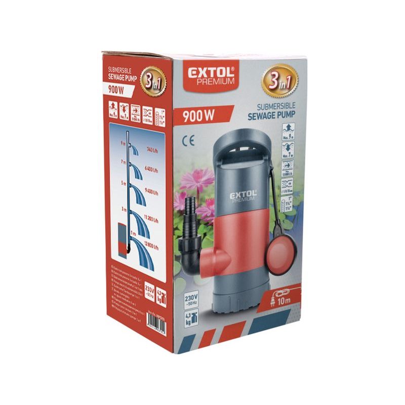 EXTOL PREMIUM SP 900 ČERPADLO NA ZNEČIŠTĚNOU VODU 3V1, 900W, 13000L/H, 8895013 - KALOVÁ ČERPADLA - ZAHRADNÍ STROJE A TECHNIKA