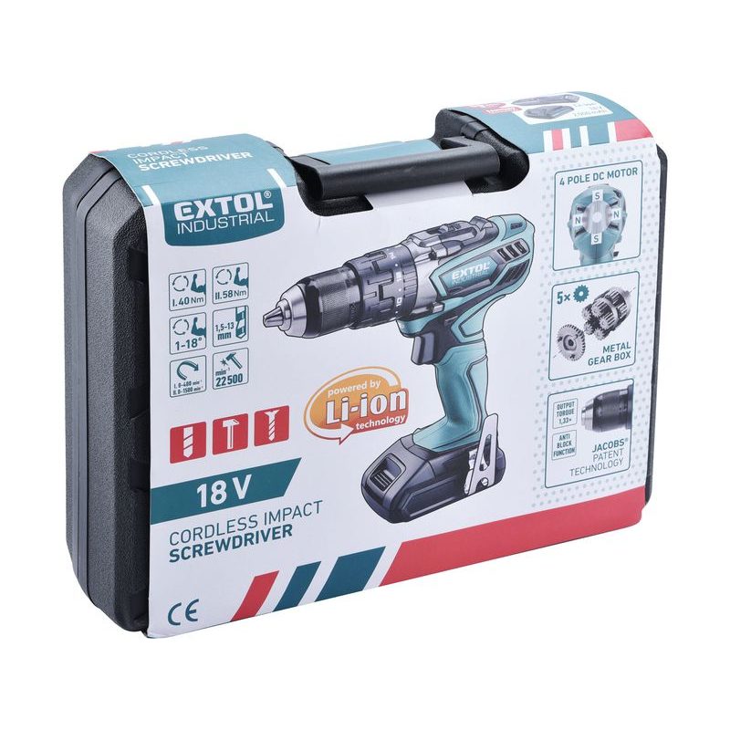 EXTOL INDUSTRIAL VRTACÍ ŠROUBOVÁK AKU S PŘÍKLEPEM, 18V LI-ION, 4 PÓLOVÝ MOTOR, 2000MAH, 8791110 - AKU NÁŘADÍ
