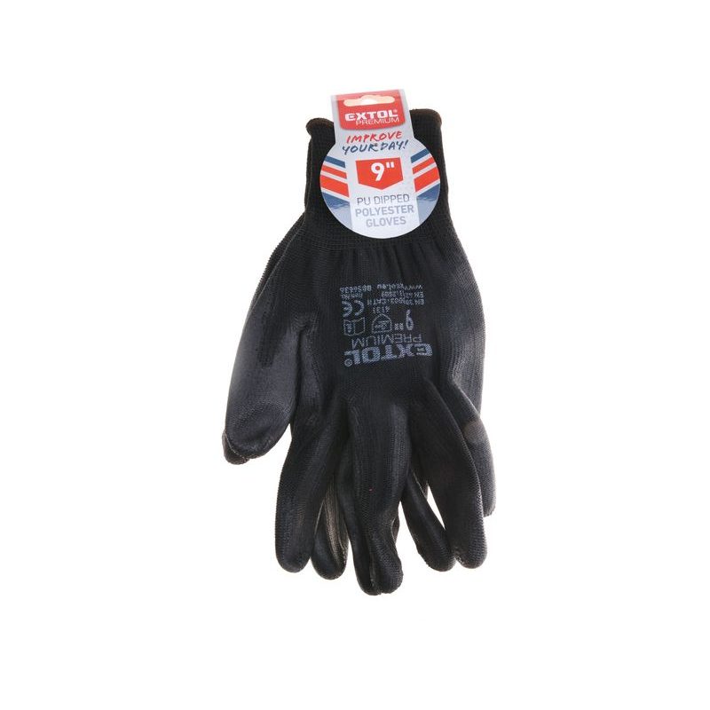 EXTOL PREMIUM RUKAVICE Z POLYESTERU POLOMÁČENÉ V PU, ČERNÉ, VELIKOST 9", 8856636 - RUKAVICE Z POLYESTERU - PŘÍSLUŠENSTVÍ A DOPLŇKY