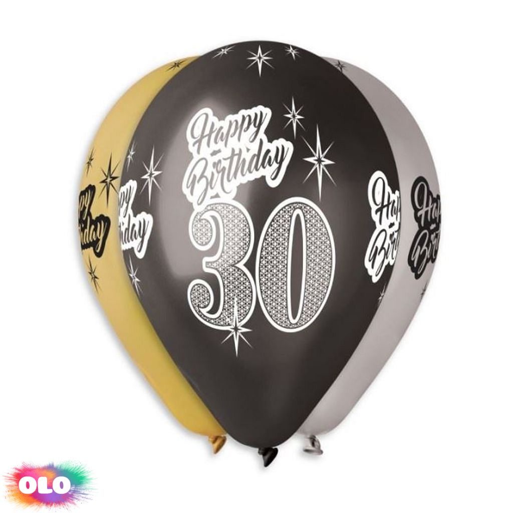 Balónky metalické 30 let, Happy Birthday - mix barev - 30 cm (5 ks) - SMART  - Gumové balónky - Balónky a helium - OLO.cz - prodej party dekorací a  potřeb